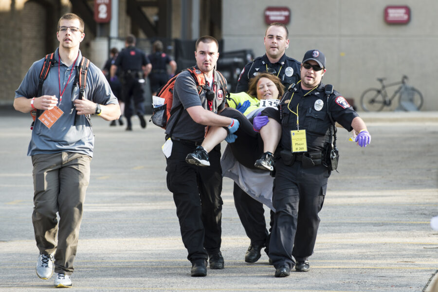 Full Scale exercise officers carrying volunteer